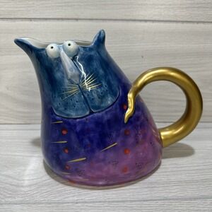 STUDIO DESIGNWORKS Hand Painted Ceramic Cat Pitcher Blue/Purple/Gold 10x7x5.5"